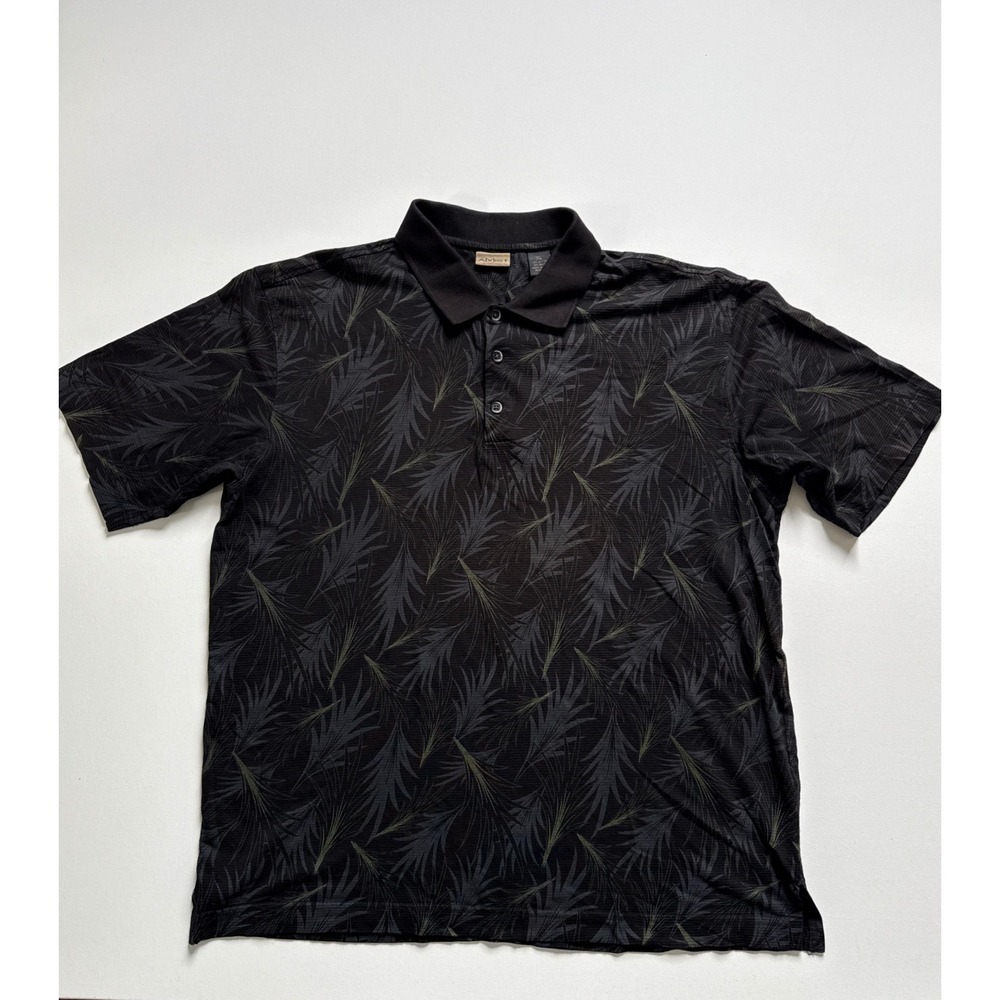 Axist Mens XL Polo Shirt Black Palm Leaf Tropical Cotton Rayon Short Sleeve
